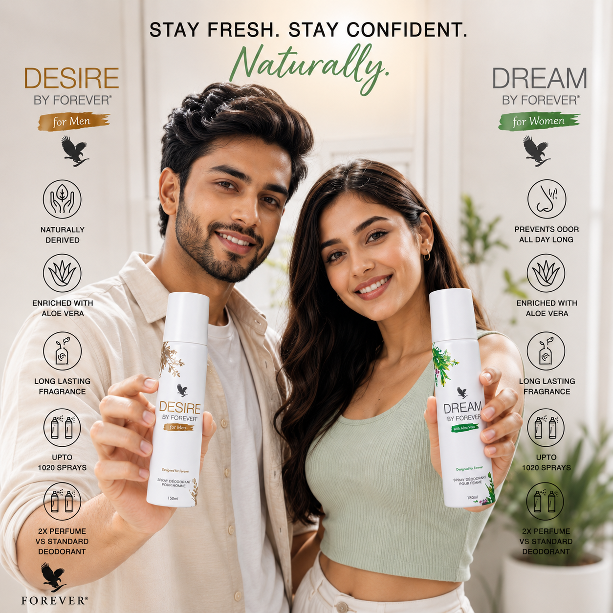 Forever Desire & Dream Deodorant Bundle | Long Lasting Perfume Deodorant for Men & Women | Aloe Vera | No Gas | Aluminum Free | 150ml x