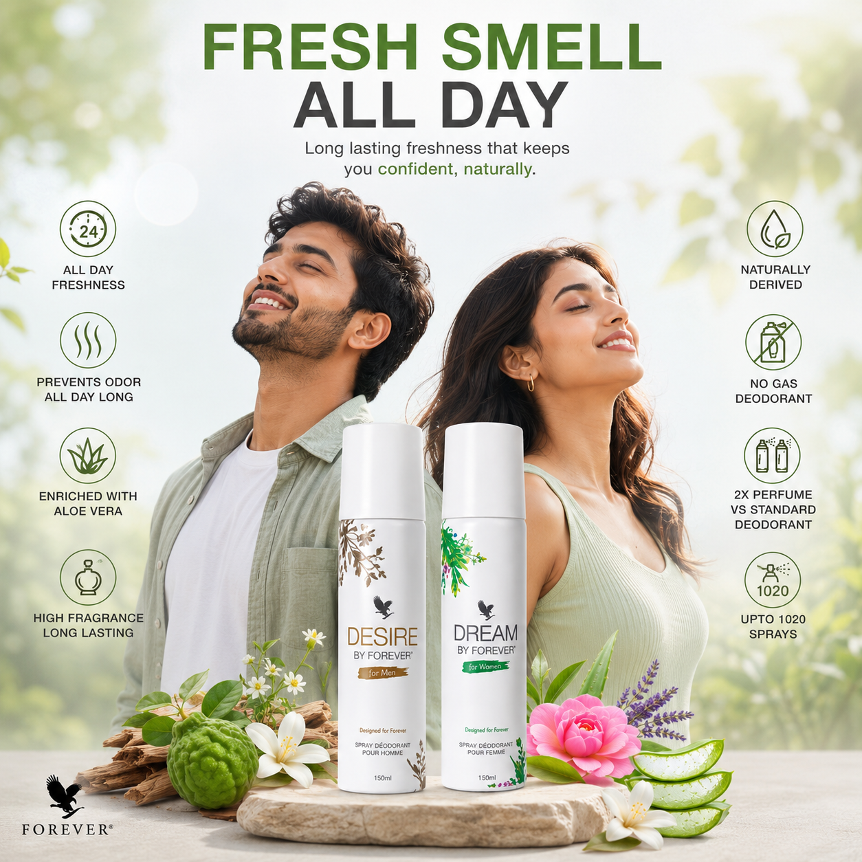 Forever Desire & Dream Deodorant Bundle | Long Lasting Perfume Deodorant for Men & Women | Aloe Vera | No Gas | Aluminum Free | 150ml x
